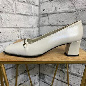 Vintage Leather Pumps 7.5 White Horsebit Square Toe Block Heel Corpcore 90s Shoe